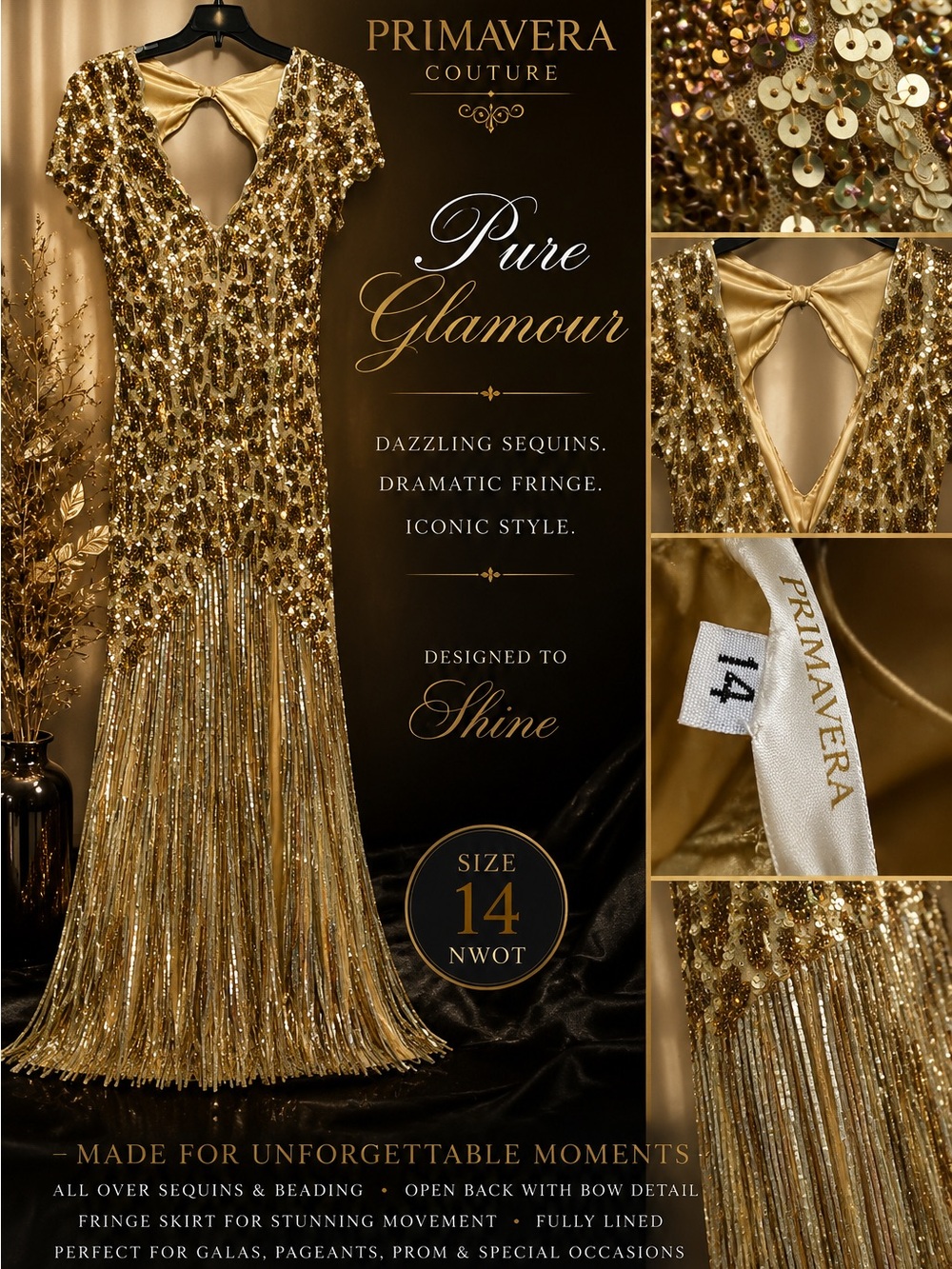 Primavera Couture Gold Sequin Gown Size 14 NWOT Open Back Evening Formal Dress